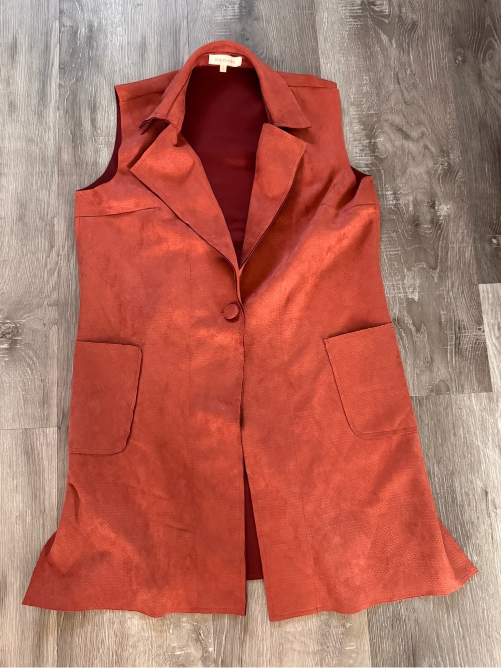 Solitaire Faux Suede Longline Blazer Vest Rust Red Size Large
